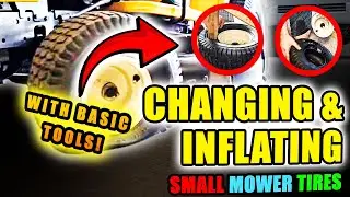 Lawn mower tire change and air up using only basic tools.