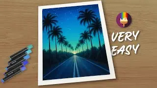 Easy Night Road Drawing for Beginners with Pastel Colors