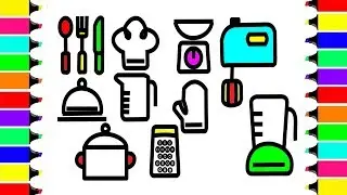 Kitchen Accessories Set Coloring Pages for Kids | Kitchen Appliances Colouring Book for Children