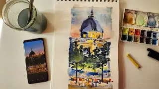Aquarelle facile de l&rsquo;H&ocirc;tel-Dieu de Lyon | Dessin d&rsquo;architecture urbain de nuit