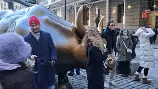 Tourists Line Up to Take Pictures and Selfies Along The Wall Street Bull, New York City