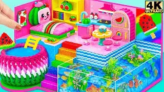 Make Aquarium Around Mini Pink House With Rainbow Slide & Cocomelon Pool ❤️ DIY Miniature House