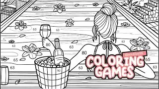 Woman relaxing in swimming pool overlooking city view | Coloring Games