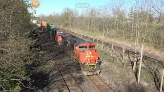 Fast intermodal / autorack train at Denfield Rd bridge. CN railway 8964 & 2569. 292 axles.