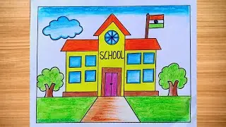 School Scenery Drawing / My School Drawing / How to Draw a School Easy Step By Step / School