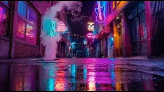 Urban Neon Ambience with Jazz Music and Rain For Studying and Sleep