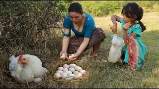 Survival in forest- Pick egg & catch chicken- Cooking pork belly curry with egg tasty delicious