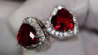 red heart diamond ear studs, red diamond earrings, red heart diamond earrings