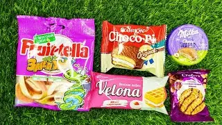 Satisfying video ASMR, fruit= tells, Velona viennese waffles, Milka choco wafer, 🍫 glazed cookies 
