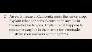 An early freeze in California sours the lemon crop. Explain what happens to consumer surplus in the