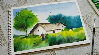 Easy Watercolor Village Scenery Painting 🎨 | Step-by-Step for Beginners