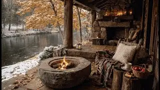 Relaxing Winter Cabin Porch with Campfire Sounds & Snowy Forest Views | ASMR Sleep Aid