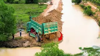 Dump Truck Fills Canal Edge | Heavy Equipment Land Development by Bulldozer D20P