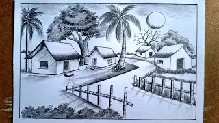 How to draw beautiful village scene on a moonlit night / beautiful village scenery by pencil sketch