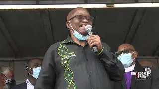 Former president Jacob Zuma addresses his supporters outside his homestead of Nkandla