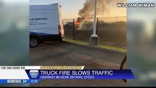 Caught on Camera: Pickup truck fire slows down traffic on northbound Highway 99