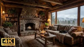 4K Cozy Cabin Rain with Fireplace Jazz, 4 Hours Relaxing Rain Sound for Focus & Sleep