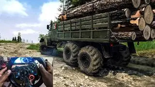 Kraz 255 Transports Medium Logs in Mudrunner La Luna UHD Logitech G29 and Shifter