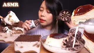 ASMR Tiramisu & Burnt Basque Cheesecake with Milk & Chocolate Ice Cream | Eating Sounds