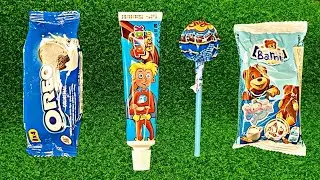 YUMMY CANDY ASMR. BLUE LOLLIPOP, COOKIES OREO, CHOCOLATE SPREAD IN A TUBE, TEDDY BEAR CUPCAKE.