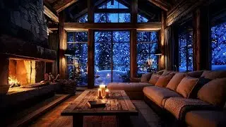 Cozy Winter Cabin Interior | Crackling Fireplace & Snowy Night Outside | Winter Ambience 4K