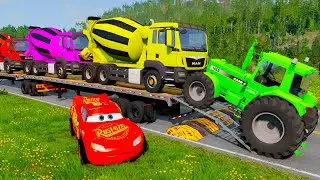 TRANSPORTING PIXAR CARS & FRUITS WITH COLORED & JOHN DEERE vs CLAAS vs TRACTORS - BeamNG.drive #983