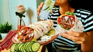 SHAWARMA + CUCUMBER + SAUSAGES + DRINK | MUKBANG NO TALKING | EATING SHOW | LETS EAT | ASMR FOOD