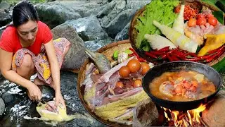 Cooking duck and chicken tight with ovary egg curry spicy for lunch in forest