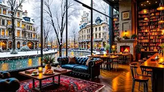 Warm Piano Jazz Music 🔥 Relaxing Winter Coffee Shop Ambience & Cozy Fireplace Glow for Good Mood