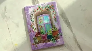 Flowers in Window Simple Painting | Floral Window Art | Mini Canvas Painting | Spring Flower Window