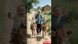 Babies Help Grandma Lead Two Cows 👶👶🐄❤️