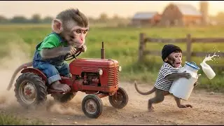 Baby Monkey Chases the Milk Thief! Tiny Tractor Justice 🐒🚜🥛