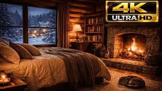 Cozy Fireplace for Sleep 🔥🐈 | Peaceful Winter Night, Sleeping Cat, Snowfall Outside | 4K