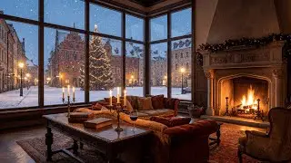 Soft Piano Jazz | Cozy Cabin Fireplace ❄️ Fireside Winter Town View