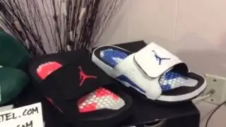 Jordan 6 Hydro slides infrared and sport blue and T-Mac white/green/gold