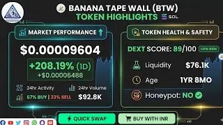 BANANA TAPE WALL (BTW) UP 208%! DEXT Score 89, 1.8 Years Old – Next Meme Coin Gem? 🍌