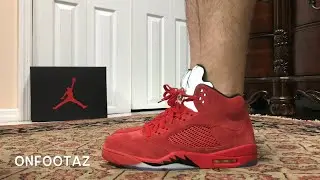 Air Jordan 5 V Red Suede On Foot