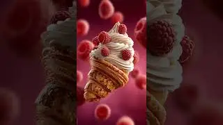 Hyperrealistic promotional photo of a raspberry filled croissant, shot from top down, exaggerated...