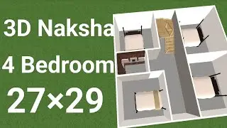 3D Naksha design 4 Bedroom wala Ghar 29&times; 29 square feet 3D house plan makan