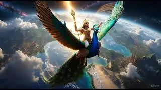 Lord Murugan flying across the world with his sacred peacock