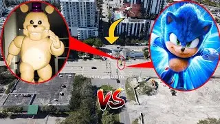 DRONE CATCHES SONIC VS FAST FREDBEAR RACING ON THE HIGHWAY IN REAL LIFE!