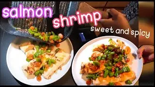 salmon shrimp sweet and spicy red chili paste snap pea stir fry