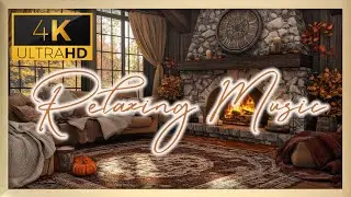 🍂 Cozy Autumn Fireplace Relaxing Music & Falling Leaves | Animated Ambience | Fall Evening Fireplace