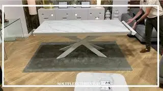 Table c&eacute;ramique extensible avec rallonges int&eacute;gr&eacute;es effet marbre blanc design moderne - Camille