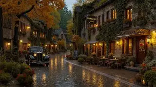 Cozy Autumn Rain in a Vintage European Village &ndash; Relaxing Jazz Caf&eacute; & Classic Car Ambience