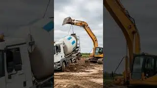 🚧💪 Excavator Pulls Stuck Concrete Mixer from Deep Mud! 🚜#excavator #shorts #mixertruck