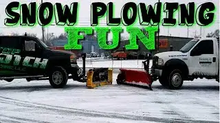 Snow Plowing Big Parking Lots With 2 Plow Trucks, Western Plow and Sno-Way Plow