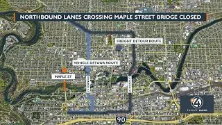 Northbound lanes crossing Maple Street Bridge closing Monday night