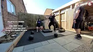 AMRAP x10 each: Slamballs | Hammer Squat Cleans | Powerbag Curls | Dumbbell Side Raises