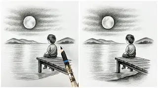 HOW TO DRAW PEACEFUL NIGHT SCENE WITH BOY AND MOON | Easy Pencil Shading Tutorial